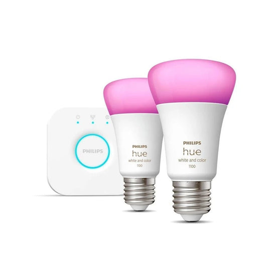 Philips Hue Color startsæt – 2× E27-pærer + Hue Bridge
